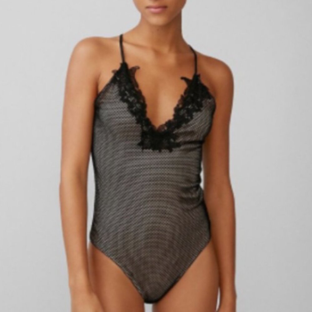 Express Black Lace Bodysuit with Deep V-Neckline Sz XS Nude Lining Teddie Linger